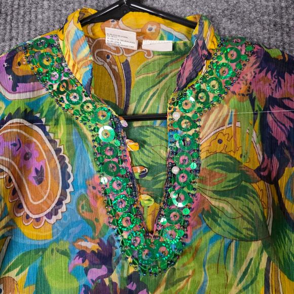 Pearl Tops - Pearl Tropical Kaftan Tunic Embellished Neck One Size Boho Resort